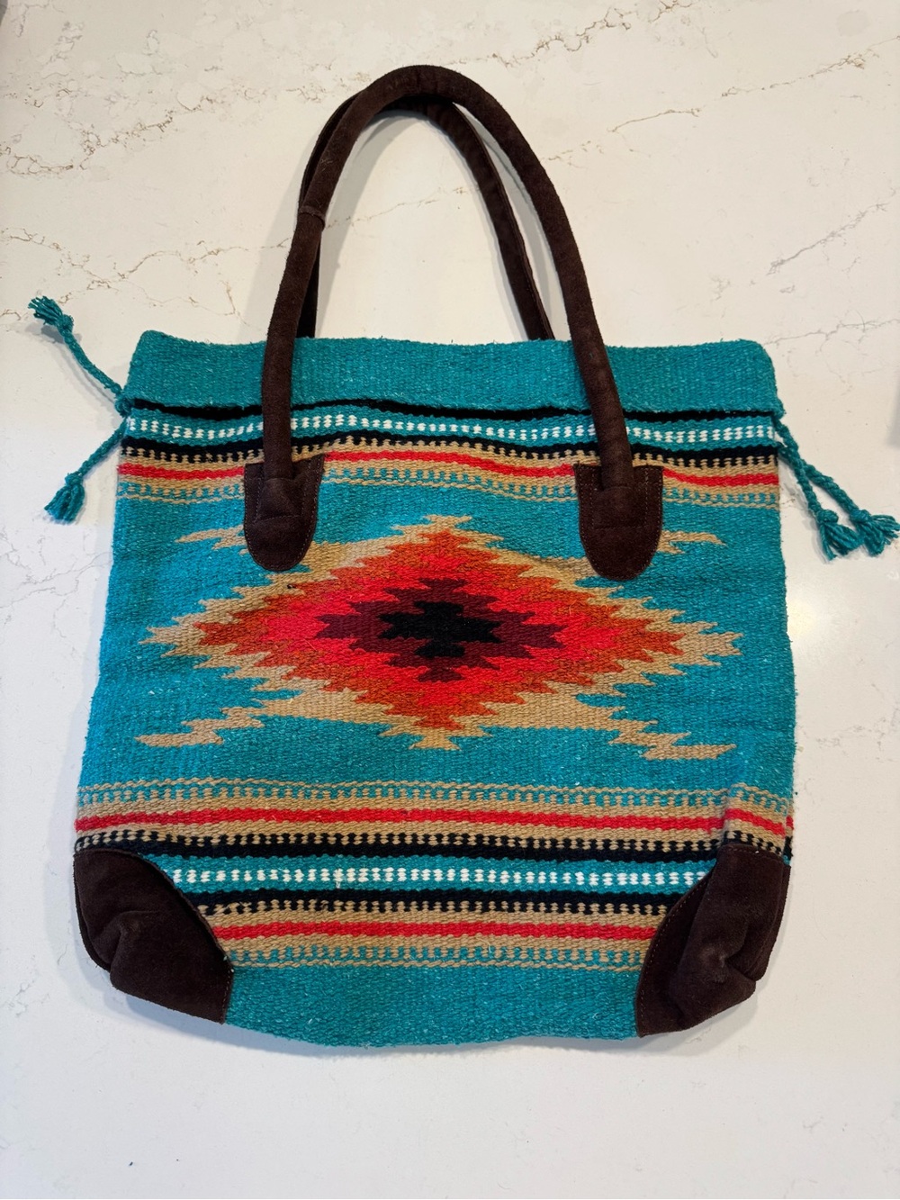 Turquoise Southwestern Tote with Brown Suede Handles